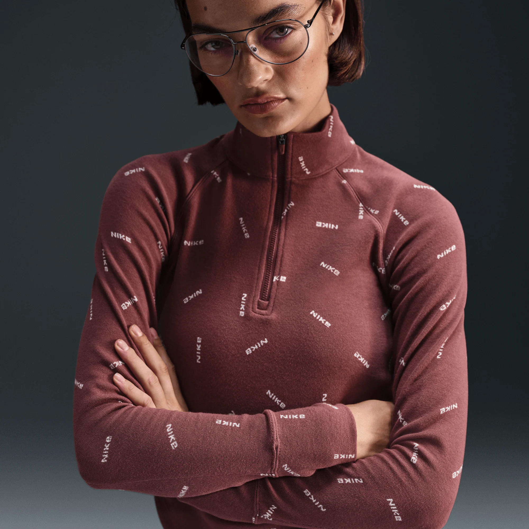 Nike Sportswear Collection Women's Slim 1/2-Zip Long-Sleeve Logo Top Red Sepia/Light Orewood Brown/Red Sepia - Image 4