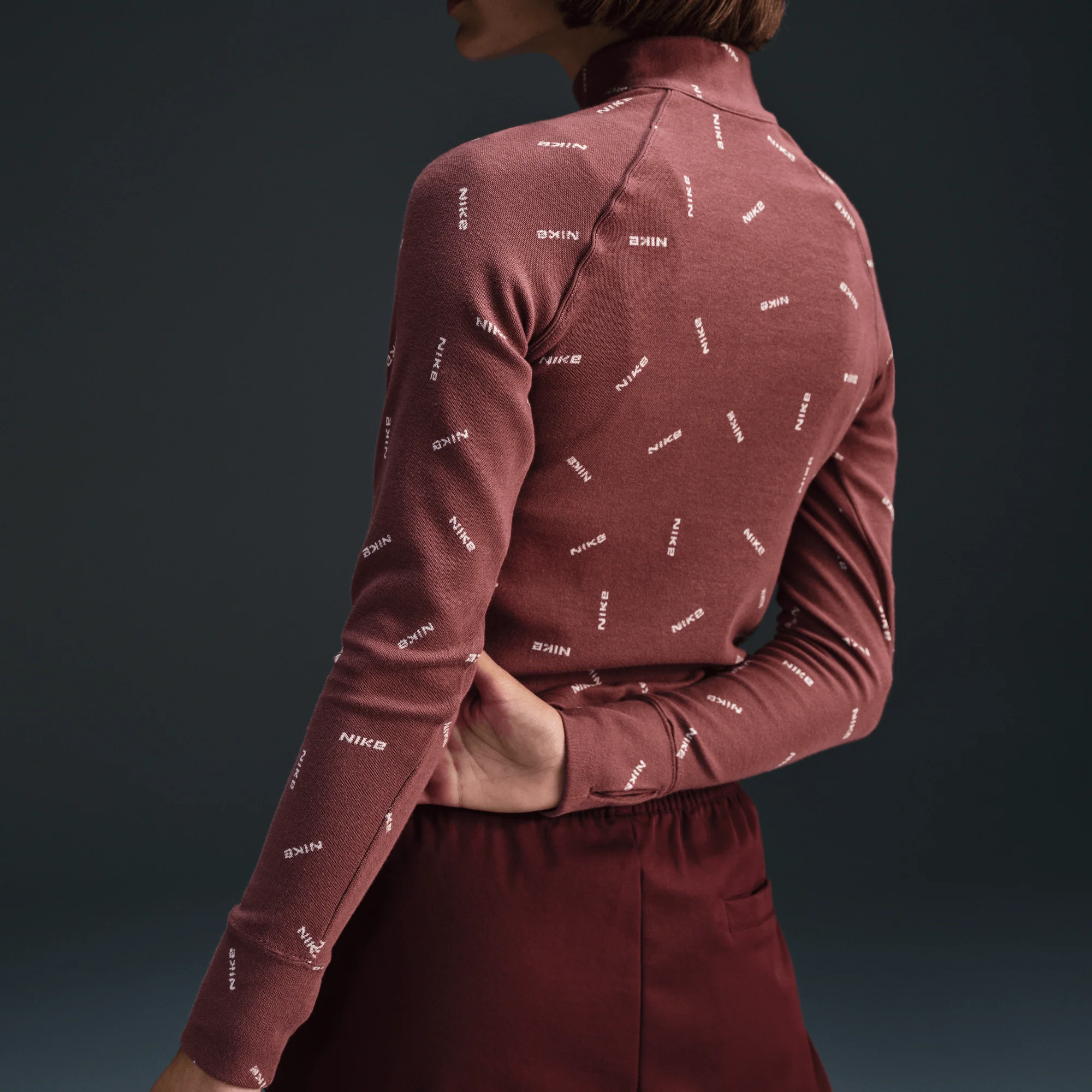 Nike Sportswear Collection Women's Slim 1/2-Zip Long-Sleeve Logo Top Red Sepia/Light Orewood Brown/Red Sepia - Image 5