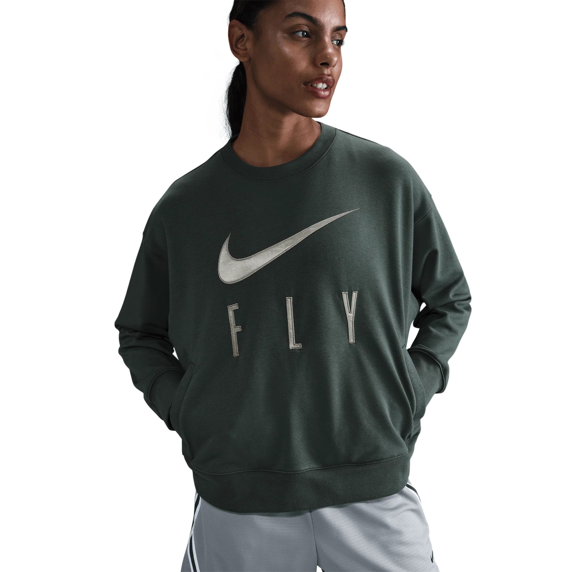 Nike Swoosh Fly Women's Dri-FIT French Terry Crew-Neck Basketball Sweatshirt Vintage Green/Jade Horizon/White - Image 3