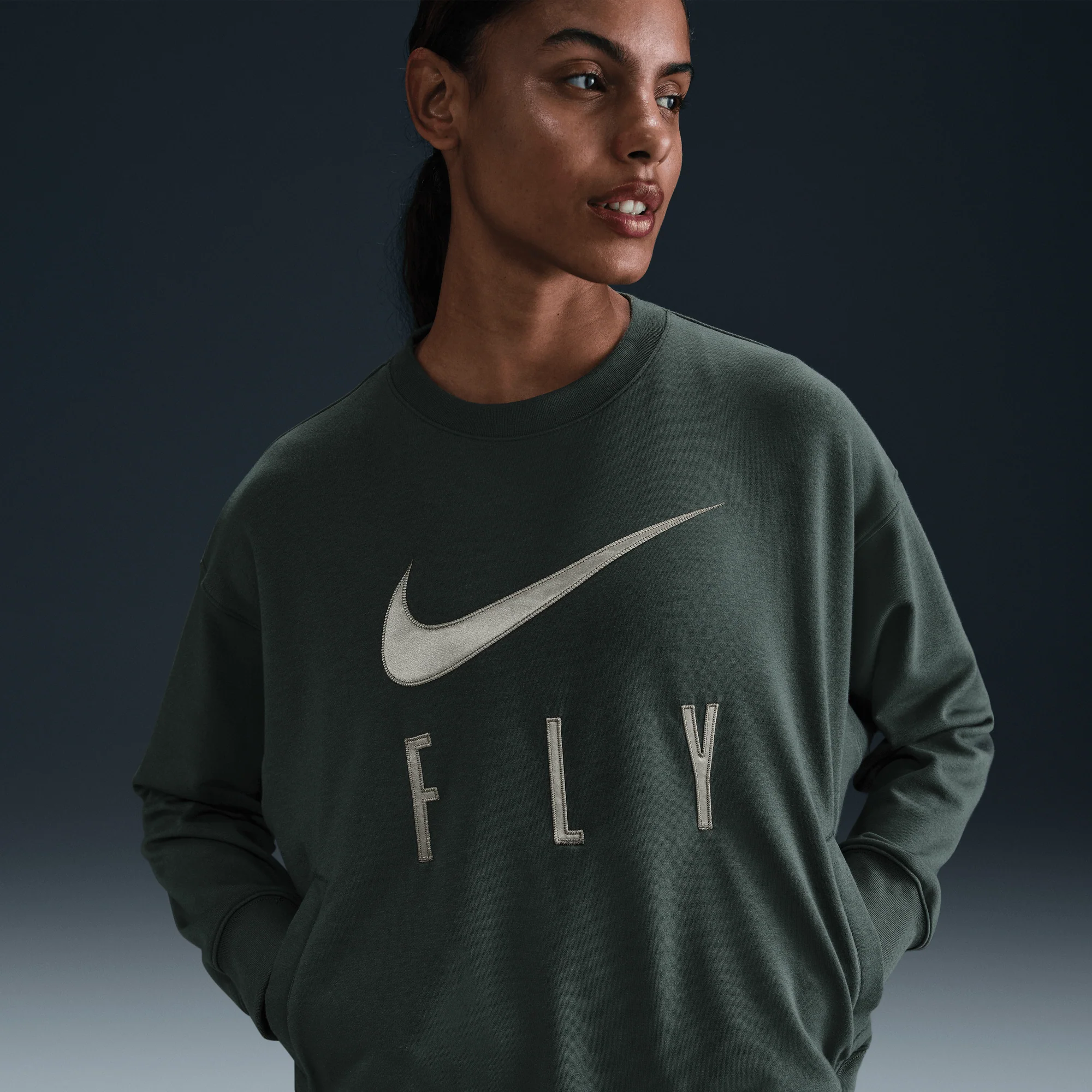 Nike Swoosh Fly Women's Dri-FIT French Terry Crew-Neck Basketball Sweatshirt Vintage Green/Jade Horizon/White - Image 4